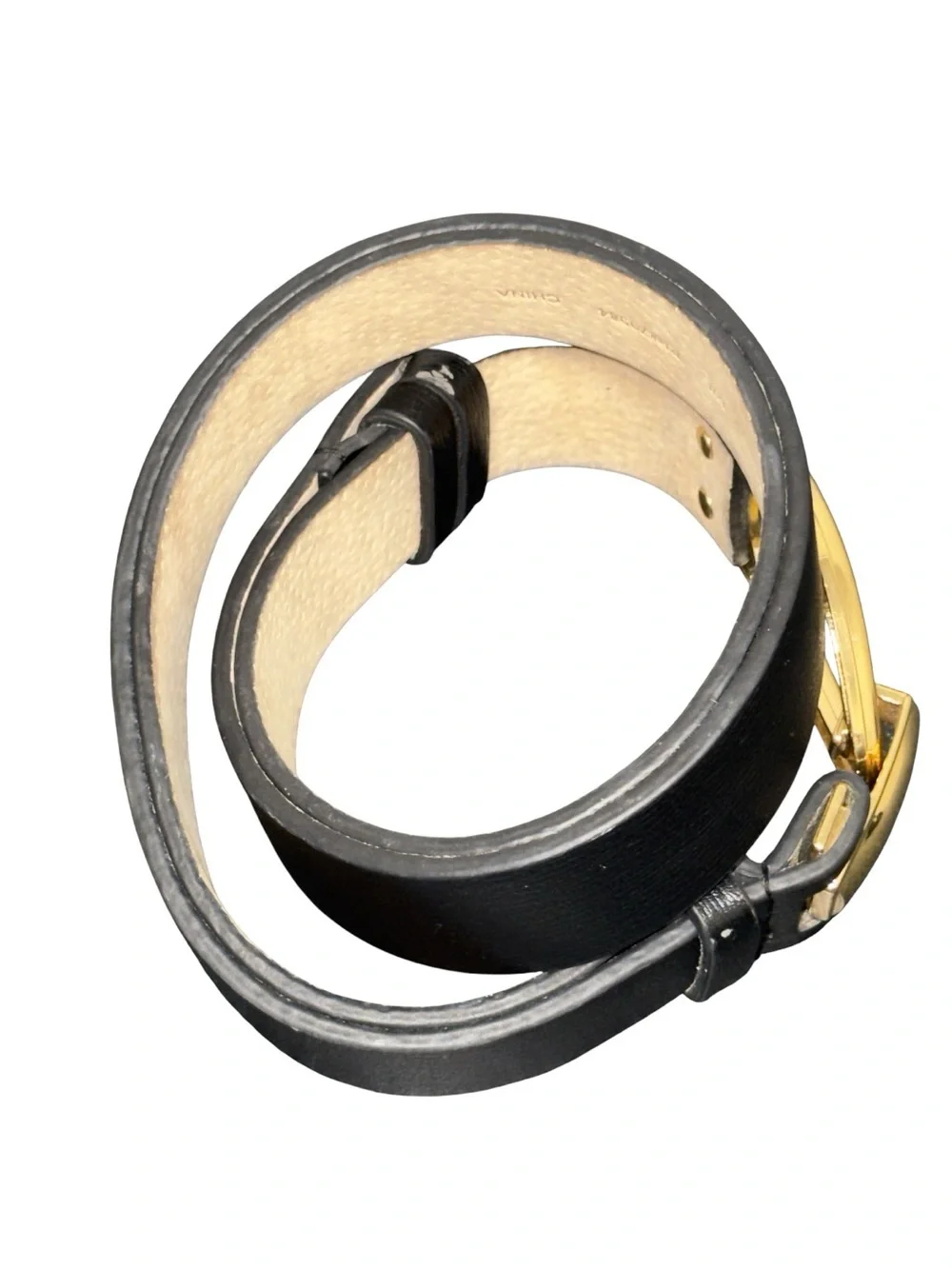 Chico’s Black Genuine Leather Belt M/L Adjustable Gold Statement Buckle